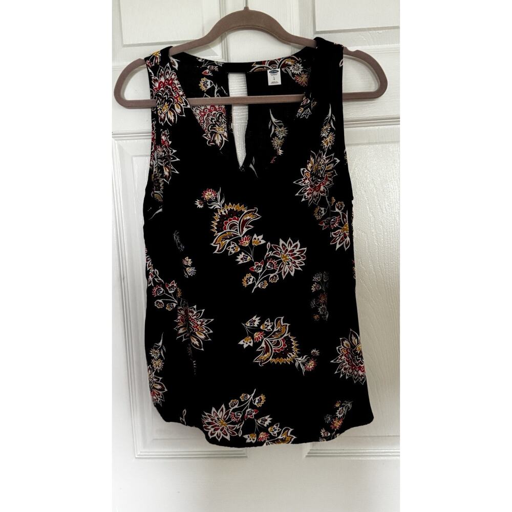 Old Navy Womens Sleeveless Top Sz L Black Floral V-Neck Rayon Keyhole Back